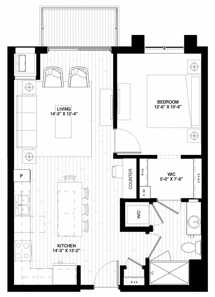 Floor plan for 1 bed, 1 bath, 721 sqft